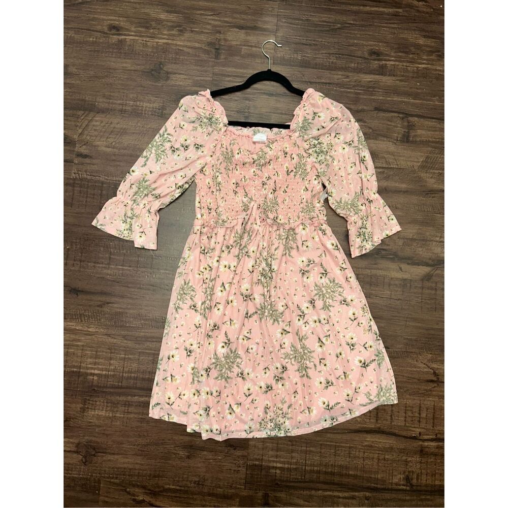 Luna Pink Floral Ruffle Sleeve Smocked Dress, Sz Large
